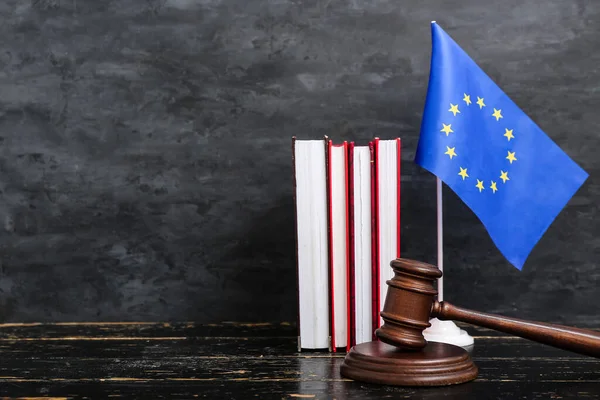 Judges Gavel Flag European Union Books Black Table — Stock Photo, Image