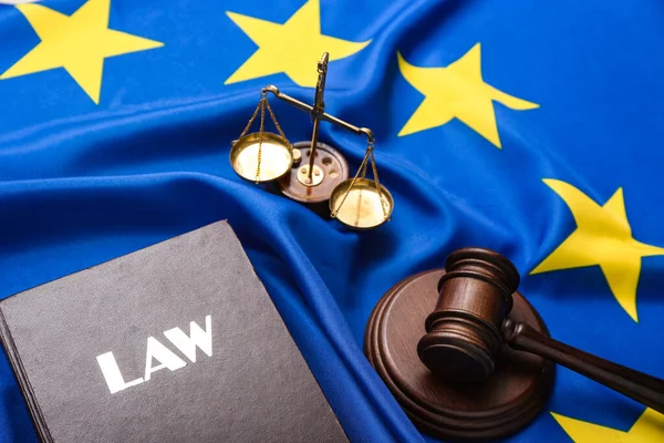 Law Book Scales Justice Judge Gavel European Union Flag — Stock Photo, Image