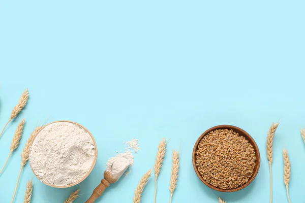 Bowls Wheat Flour Grains Spikelets Blue Background — Stock Photo, Image