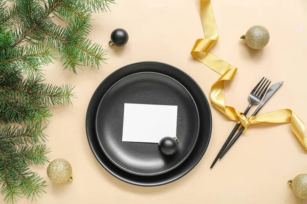Beautiful Table Setting Christmas Celebration Beige Background — Stock Photo, Image