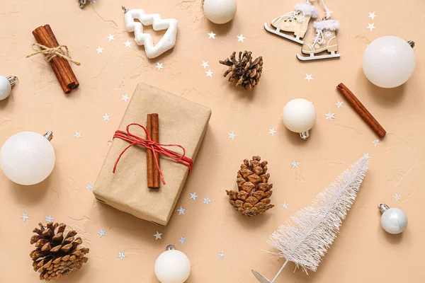 Different Christmas Decorations Gift Box Beige Background — Stock Photo, Image