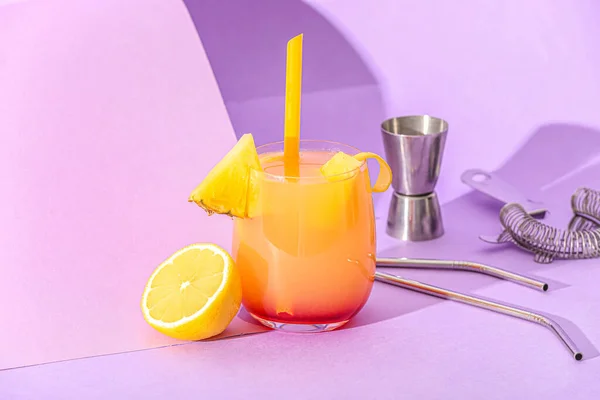 Glass Tasty Mai Tai Cocktail Lilac Background — Stock Photo, Image