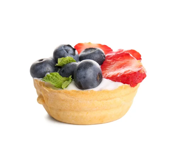 stock image Tasty tartlet with whipped cream and berries on white background