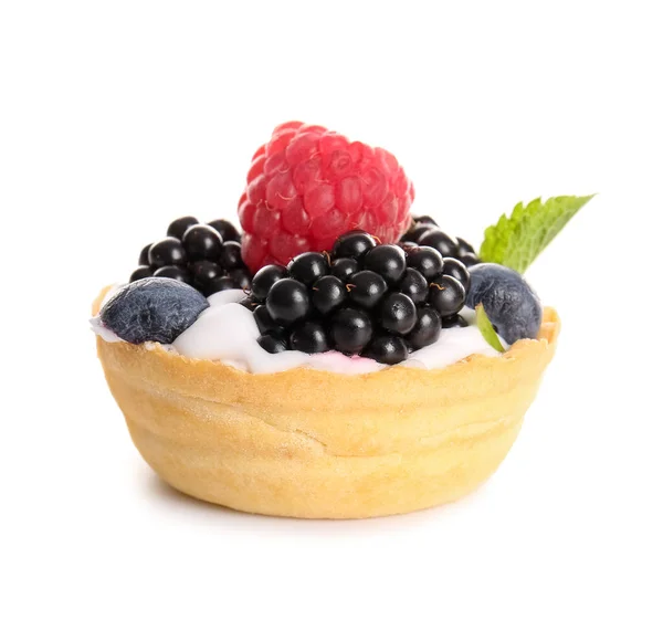 Tasty Tartlet Whipped Cream Berries White Background — Stock Photo, Image