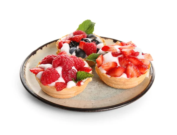 Plate Tasty Tartlets Whipped Cream Berries White Background — Stock Photo, Image