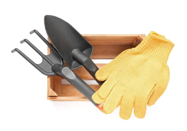 Wooden Box Different Gardening Tools White Background — Stock Photo, Image