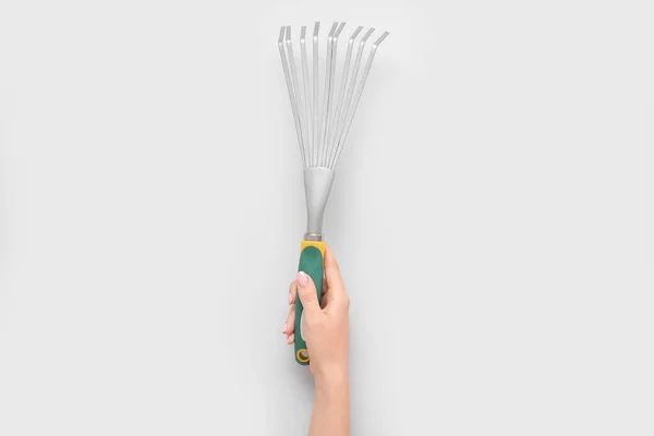 Woman Gardening Rake Grey Background — Stock Photo, Image