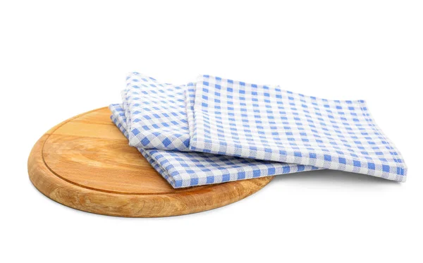 Wooden Kitchen Board Clean Napkins Isolated White Background — Stock Photo, Image