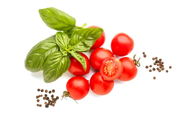 Fresh Basil Cherry Tomatoes Peppercorn White Background — Stock Photo, Image