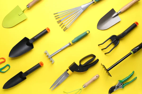 Set Different Gardening Tools Yellow Background — Stock Photo, Image