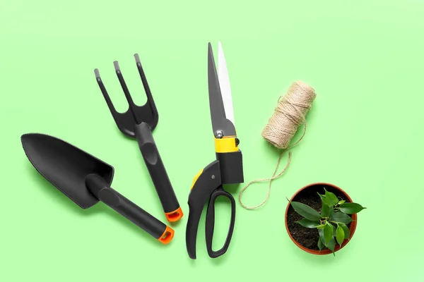 绿色背景下的园艺工具和植物 — 图库照片