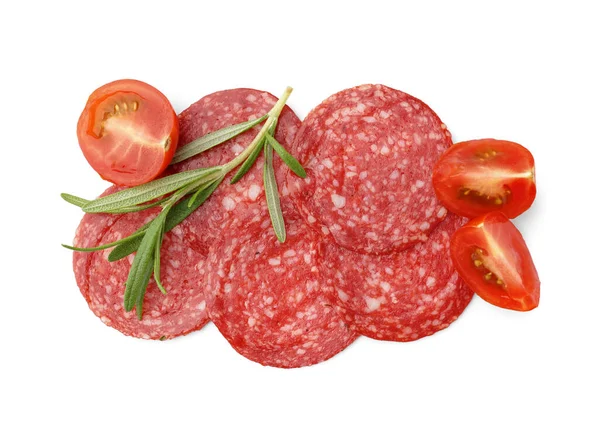 Kawałki Smacznego Salami Pomidorów Izolowane Białym Tle — Zdjęcie stockowe