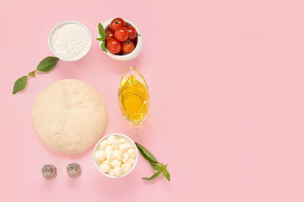 Raw Dough Ingredients Preparing Pizza Pink Background — Stock Photo, Image
