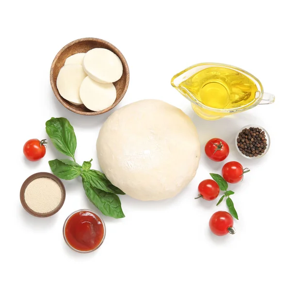 Raw Dough Ingredients Preparing Pizza White Background — Stock Photo, Image