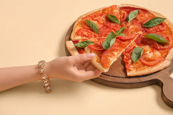 Woman Taking Slice Tasty Pizza Yellow Background — Stock Photo, Image