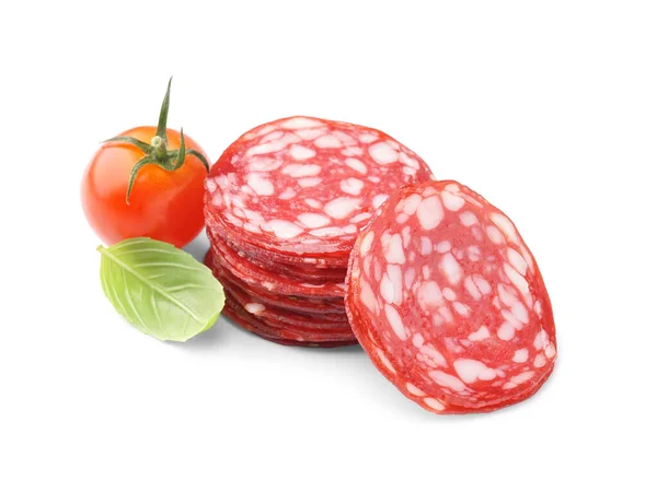 Slices Tasty Salami White Background — Stock Photo, Image