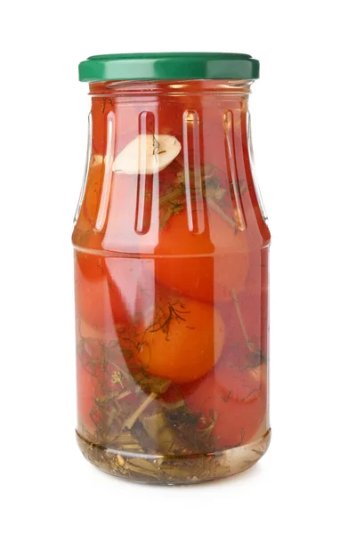 Pot Avec Tomates Conserve Sur Fond Blanc — Photo