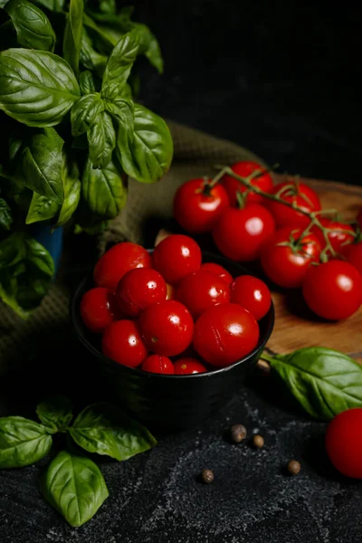 Miska Pomidorami Puszce Bazylia Czarnym Tle — Zdjęcie stockowe