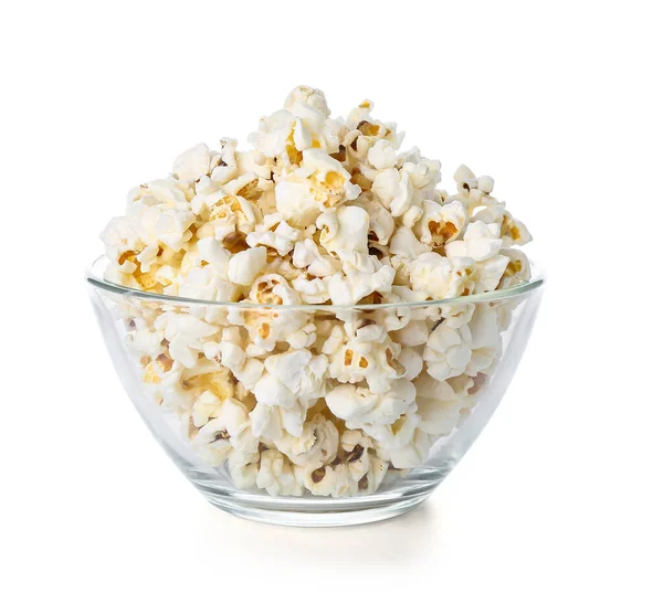 Glass Bowl Tasty Popcorn White Background — Stock Photo, Image