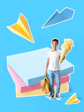 Büyük okul konisi olan küçük çocuk kolajı, açık mavi arka planda yapışkan notlar ve kağıt uçaklar.