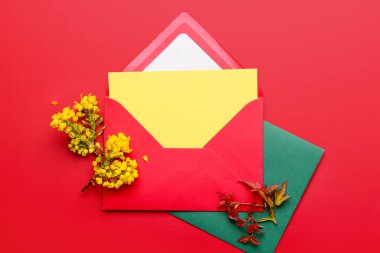 Zarflı kompozisyon, boş kart ve renk arkaplanındaki çiçek açan bitki dalları