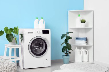 Çamaşır makinesi, raf ünitesi, ev bitkileri ve mavi duvarın yanındaki puf.