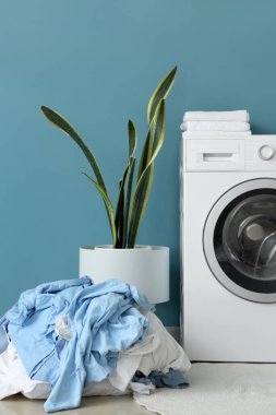 Çamaşır makinesi, ev bitkisi ve mavi duvarın yanındaki kirli çamaşır yığını.