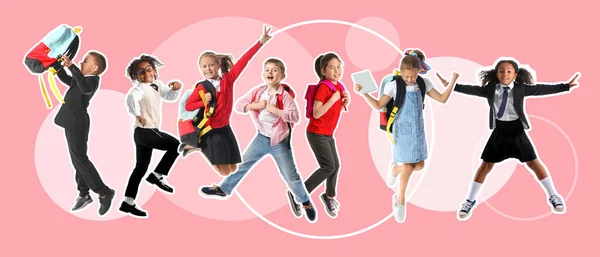Collage Med Många Hoppande Skolbarn Rosa Bakgrund — Stockfoto