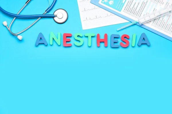 Word Anesthesia Medical Supplies Blue Background — Stock Photo, Image