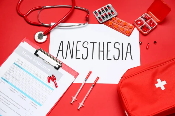 Paper Word Anesthesia Medical Supplies Red Background — Stock Photo, Image