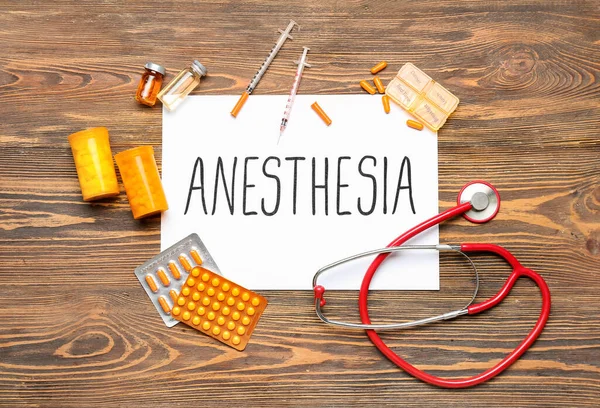 Paper Word Anesthesia Medical Supplies Wooden Background — Stock Photo, Image