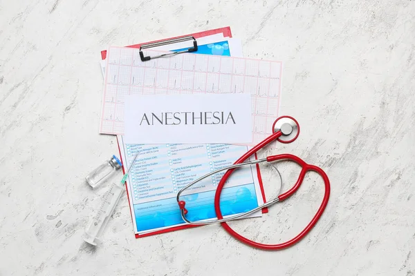 Clipboard Word Anesthesia Stethoscope Ampule Syringe Grunge Background — Stock Photo, Image