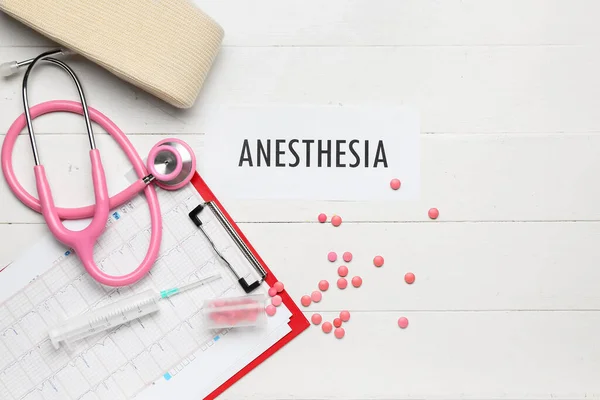 Paper Word Anesthesia Clipboard Stethoscope Pills White Wooden Background — Stock Photo, Image