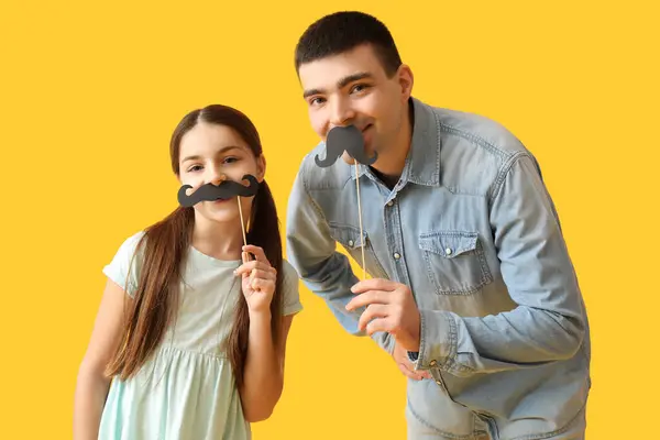 Portrait Father His Little Daughter Paper Mustache Yellow Background — Stock Photo, Image