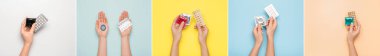 Açık renk arkaplan ve üst görünüm üzerinde farklı doğum kontrol yöntemleri olan kadın elleri kolajı
