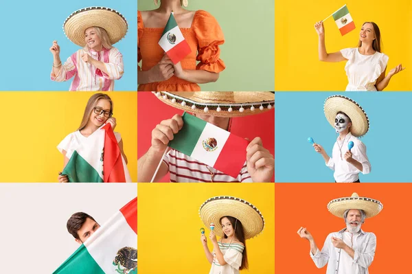 배경에 Sombrero 모자와 마라카스와 멕시코 사람들의 콜라주 — 스톡 사진