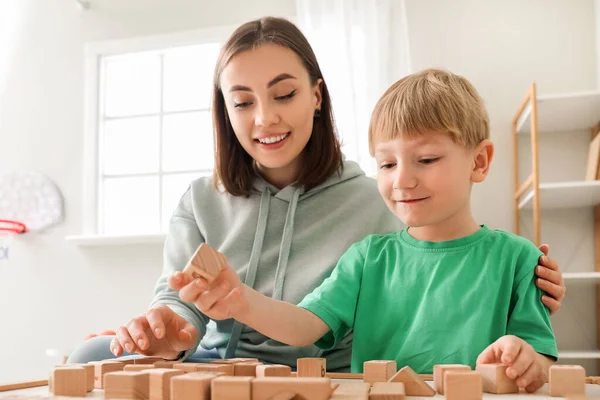 Little Boy Nanny Playing Cubes Home — Stock Photo, Image