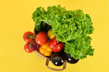 Sarı arka planda taze sebzeli kağıt torba. Sağlıklı gıda konsepti