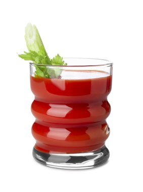 Glass of tasty tomato juice isolated on white background
