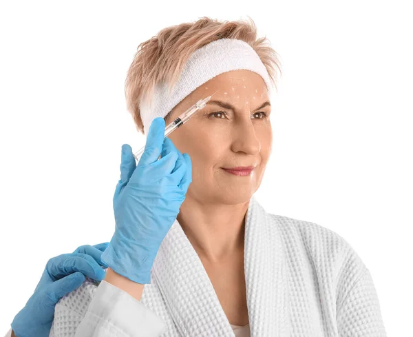 Mature Woman Receiving Filler Injection White Background Closeup — Stock Photo, Image