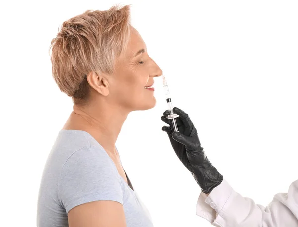 Mature Woman Receiving Filler Injection White Background Closeup — Stock Photo, Image