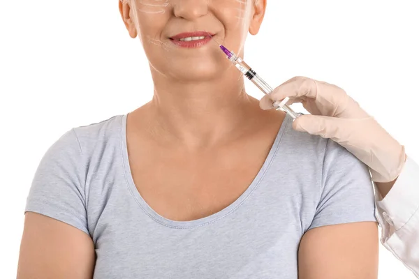 Mature Woman Receiving Lip Filler Injection White Background Closeup — Stock Photo, Image