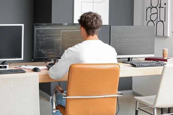 Programador Masculino Que Trabaja Con Computadora Tabla Oficina Vista Posterior — Foto de Stock