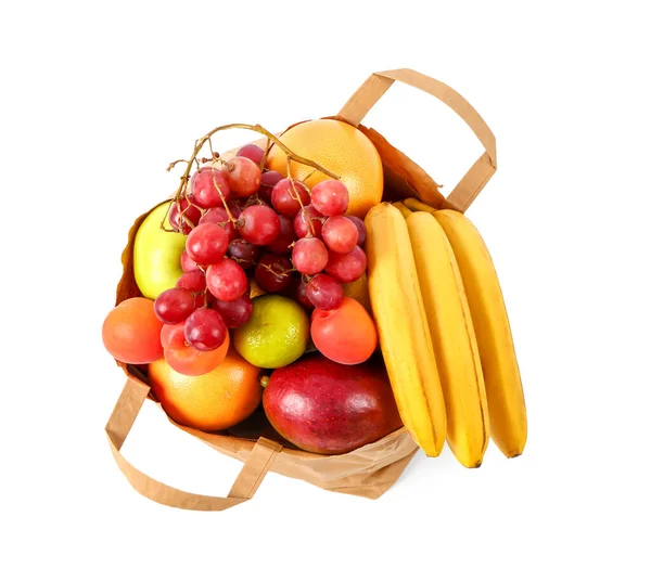 Saco Papel Com Frutas Frescas Fundo Branco Conceito Compras Supermercado — Fotografia de Stock
