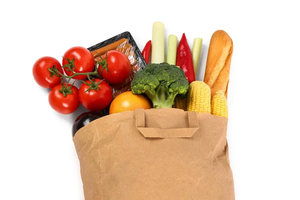 Paper Bag Different Products White Background Grocery Shopping Concept — Stock Photo, Image
