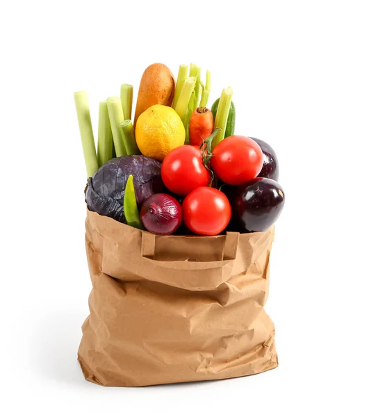 Paper Bag Full Fresh Vegetables Baguette White Background — Stock Photo, Image
