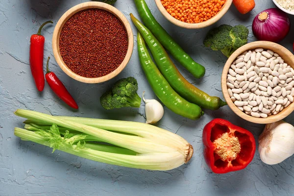 Different Fresh Vegetables Cereals Blue Background — Stock Photo, Image