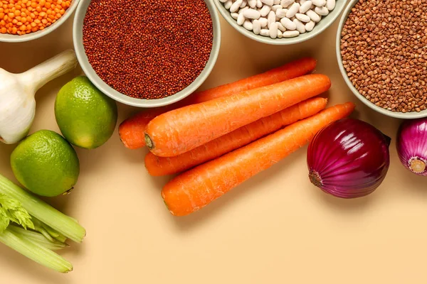 Different Fresh Vegetables Cereals Orange Background — Stock Photo, Image