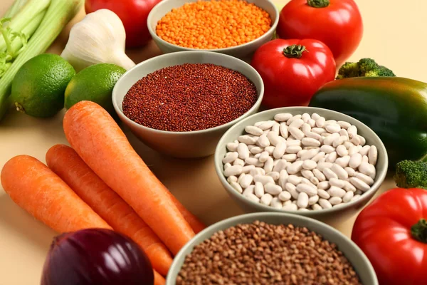 Different Fresh Vegetables Cereals Orange Background — Stock Photo, Image