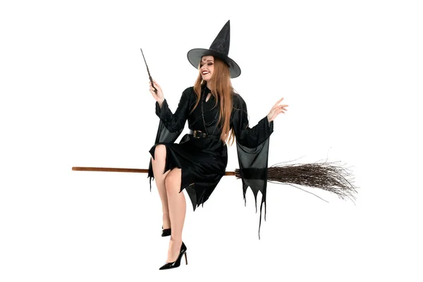 Красивая Молодая Ведьма Сидит Метле Белом Фоне — стоковое фото